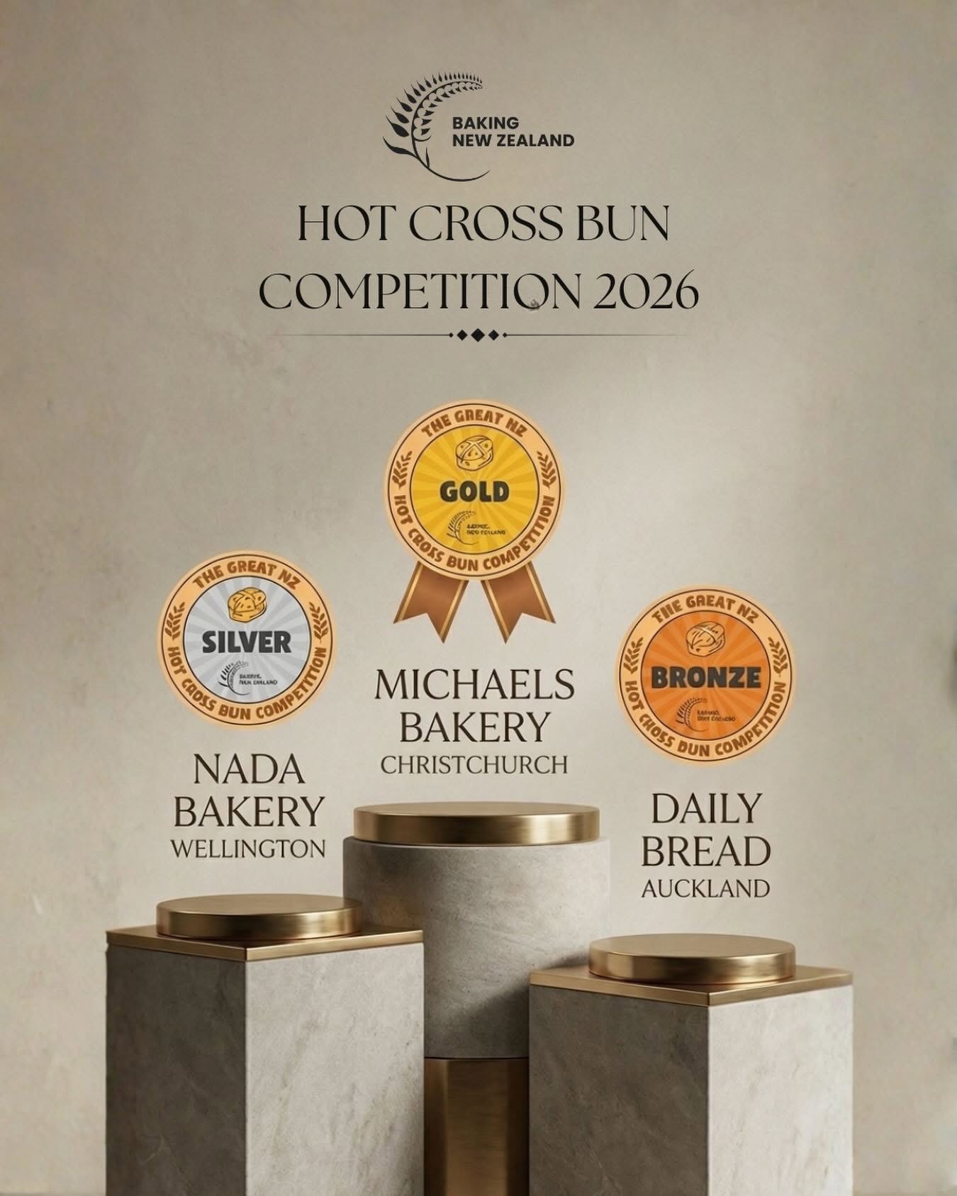 Baking New Zealand Hot Cross Bun Competition 2026 — Gold awarded to Michael's Bakery, Christchurch